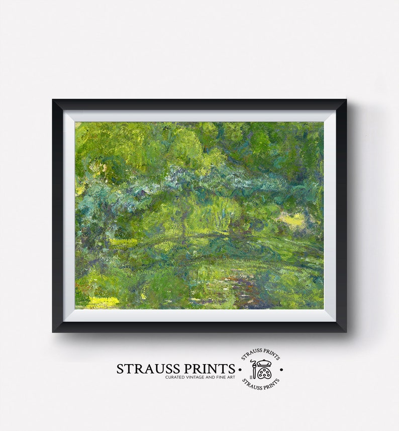 May include: A framed painting of a green landscape with a river and trees. The painting is in a black frame and has a white mat. The painting is titled "Strauss Prints" and has a logo with a paintbrush and palette.