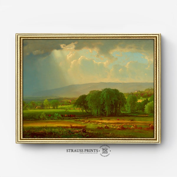 Harvest Scene I Valley Landscape I Oil on Canvas | Wall Decor l Unmown Hay | Printable Digital Product Download