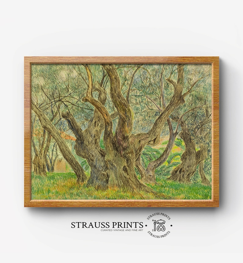 May include: A vintage art print of a painting depicting a grove of olive trees with gnarled trunks and branches. The trees are painted in shades of green, brown, and yellow, with a hint of blue in the background. The print is framed in a simple wooden frame.