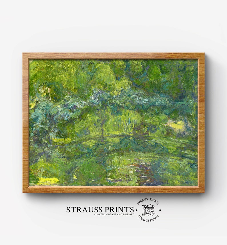 May include: A framed painting of a landscape with a green and blue color scheme. The painting depicts a forest scene with a river or stream running through it. The painting is framed in a light brown wood frame.