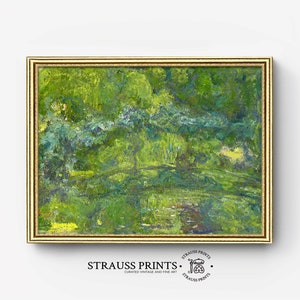 May include: A framed painting of a green landscape with a river or lake in the foreground. The painting is in a gold frame and has a textured, brushstroke style.