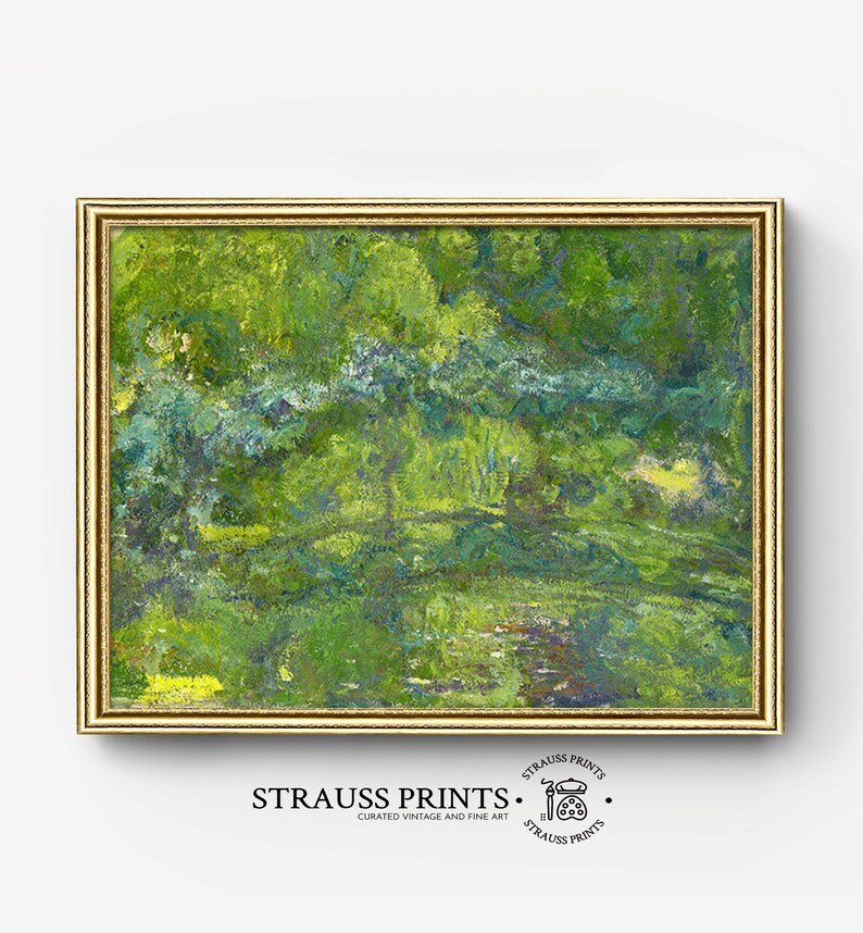 May include: A framed painting of a green landscape with a river or lake in the foreground. The painting is in a gold frame and has a textured, brushstroke style.