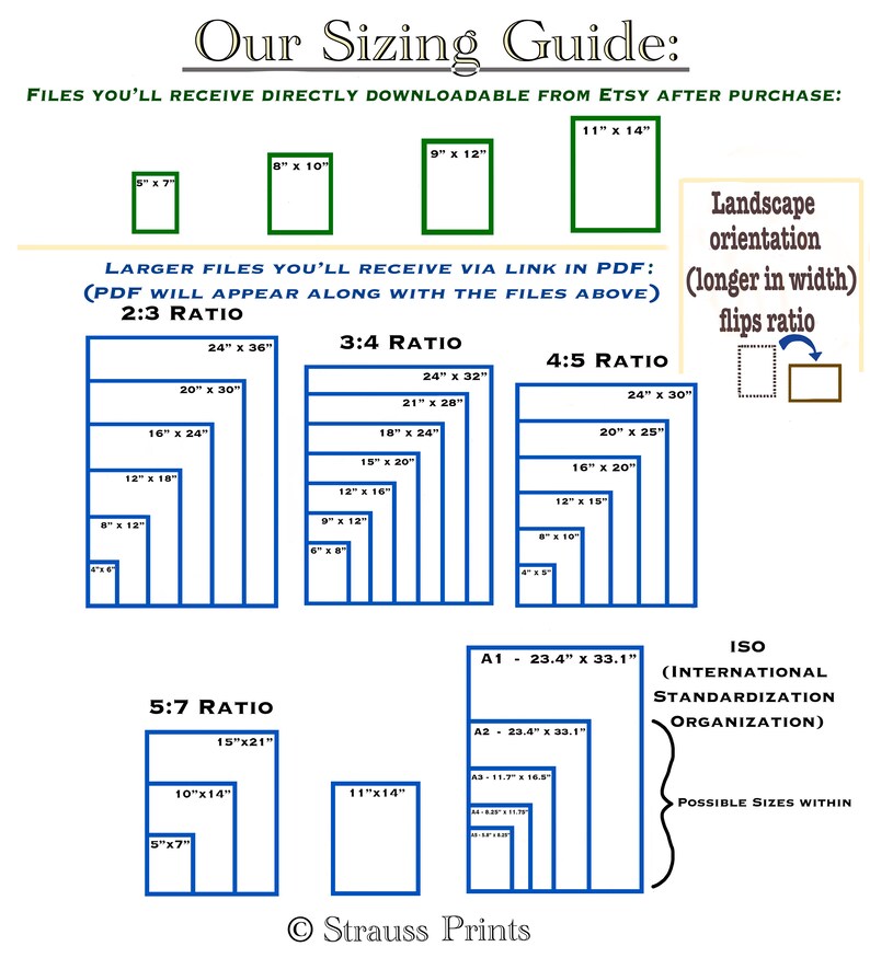 May include: A guide to different print sizes for digital downloads. The guide shows various aspect ratios, including 2:3, 3:4, 4:5, and 5:7. The sizes are listed in inches. The guide also includes a section for ISO standard sizes, with sizes listed in inches.