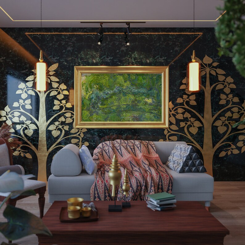 May include: A living room interior with a gray sofa, a wooden coffee table, and a gold framed painting of a green landscape. The walls are dark green with gold accents and two gold leaf trees. There are two gold pendant lights hanging from the ceiling.