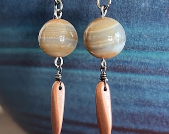 Banded agate earrings with copper glass dangle beads (3)