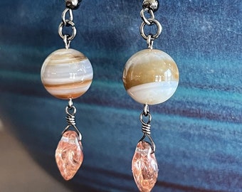 Banded agate earrings with copper glass leaves