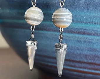 Banded agate earrings with half-silvered glass spike dangles (1)