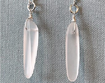 Wire-wrapped frosted glass fang earrings (wide)