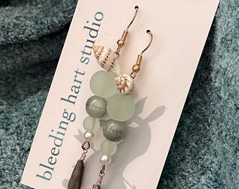 Stacked beachcomber glass, ceramic, and seashell earrings