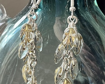 Clear and gold pressed-glass leaf cascade earrings (long)