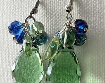 Green and blue glass teardrop cluster earrings