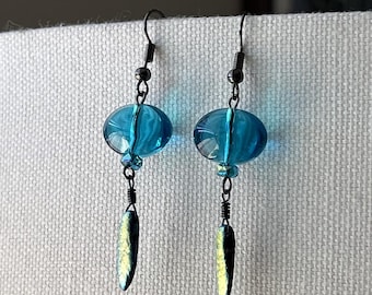 Clear Caribbean-blue glass pebble dangle earrings