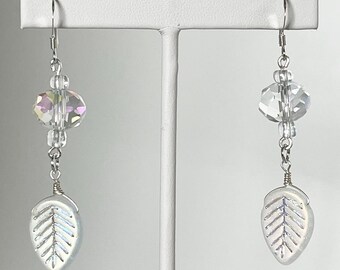 Iridescent glass leaf dangle earrings