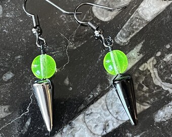 Uranium glass "Forbidden Icecream" earrings (black and silver dangle)