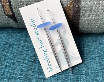LONG silver spear and cornflower-blue glass dangle earrings