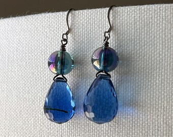 Cobalt faceted briolette and iridescent teal glass bead earrings