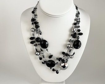 black and silver glass & hematite 3-strand beaded necklace