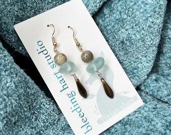 Narrow grey-green ceramic and frosted aqua glass beach earrings with bronze glass dangles