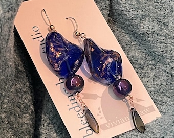 Cobalt blue and gold Venetian glass earrings