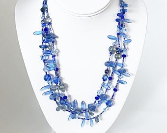 Medium blue glass and crystal 3-strand necklace