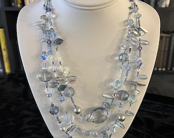 Ice-blue and silver glass 3-strand necklace (2)