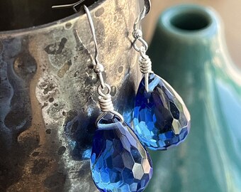 Cobalt glass faceted teardrop earrings (sterling hook)
