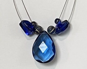 Blue and gold glass 2-strand teardrop cluster necklace (ridged)