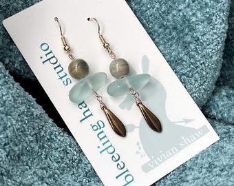 Wide grey-green ceramic and frosted aqua glass beach earrings with bronze glass dangle
