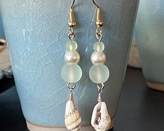 Elegant glass, pearl, and seashell dangle earrings