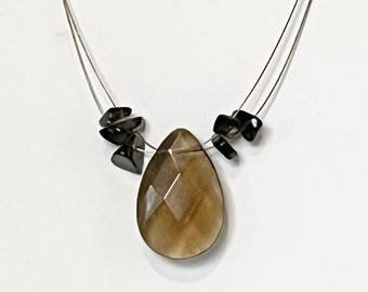 Smoky quartz and brown glass teardrop cluster necklace
