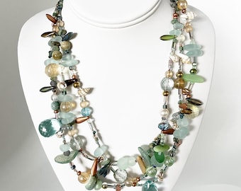 Sea Change -- Heavy: 3-strand glass, ceramic, and shell necklace