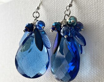 Blue glass teardrop cluster earrings