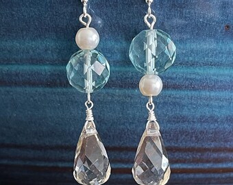 Whimsical champagne briolette, faux pearl, and crystal earrings