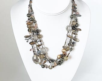 Pyrite, hematite, glass, pearl and crystal 3-strand necklace