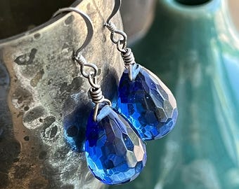 Cobalt faceted teardrop earrings (stainless hook)