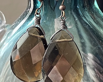 Large smoky-brown faceted glass teardrop earrings
