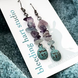 Fluorite chip earrings with verdigris scarab charms