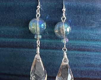 Champagne briolette and cloud-blue glass dangle earrings