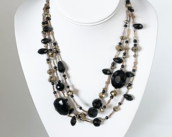 Black and gold statement 3-strand glass bead necklace