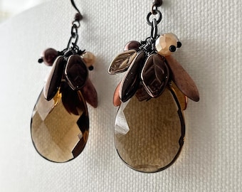 Smoky brown glass teardrop cluster earrings