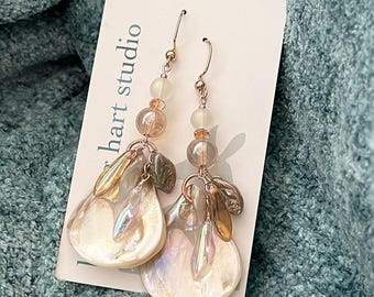 Peach shell and glass teardrop earrings