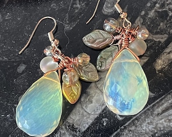 Opalite glass cluster teardrop earrings