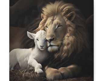Canvas Print: The Lion and Lamb Wall Art - Christian Faith Home Decor, Inspirational Religious Symbolic Canvas Print, Square