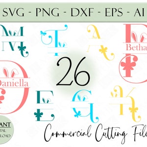Peut inclure: Un ensemble de 26 fichiers de découpe numériques pour l'artisanat. Les fichiers présentent des lettres de monogramme divisées avec des oreilles de lapin et des accents floraux. Les lettres sont de différentes couleurs, notamment le rose, le bleu, le jaune et le turquoise. Le texte "Commercial Cutting Files" est écrit en cursive noire.