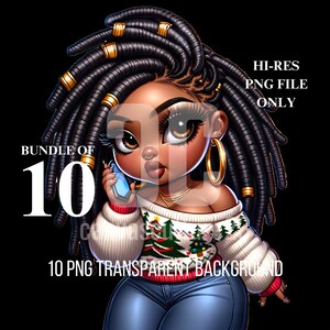 10 chique airbrushed Chibi Afro-Amerikaanse vrouw op telefoon off-shoulder lelijke trui ultieme kerstgeest POD PNG transparante bundel