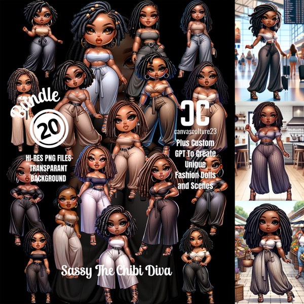 20 Curvy Chic African American Chibi Digital Download PNGs Plus GPT To Create Unique Dolls and Scenes ChatGPT Plus Required Great For POD