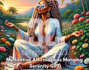 Custom GPT Meditative Affirmations Morning Serenity African American Woman Garden Sunrise Peaceful Meditation Digital Art with Affirmations