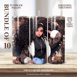 10 Exklusive 20 Unzen Tumbler Wraps: Elegante afroamerikanische Frau in Winterstadt - Nahtloses PNG-Bundle für einzigartige Getränkeästhetik!