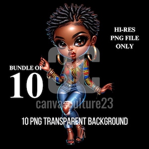 10 Exklusive Afroamerikaner Chibi Frau Transparent PNG Bundle: Trendige, stilvolle Print-On-Demand digitale Grafiken für Etsy Unternehmer