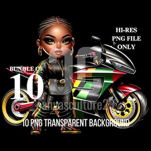 Afroamerikanische Frau mit Motorrad - Exklusives Digital Art Bundle, 10 PNG-Dateien für Print-On-Demand, Sofortiger Download Kreative Designs